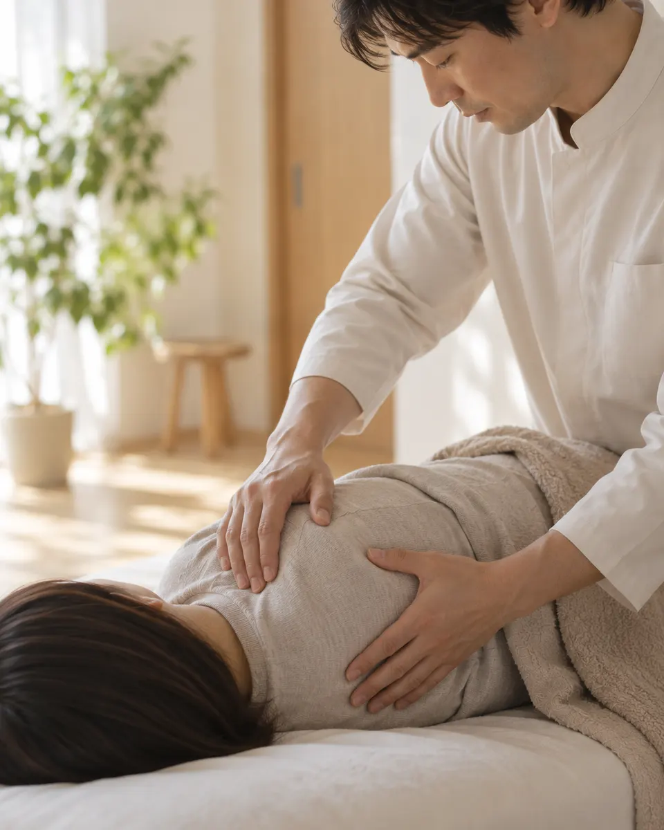 施術者が肩まわりに手を当てている様子